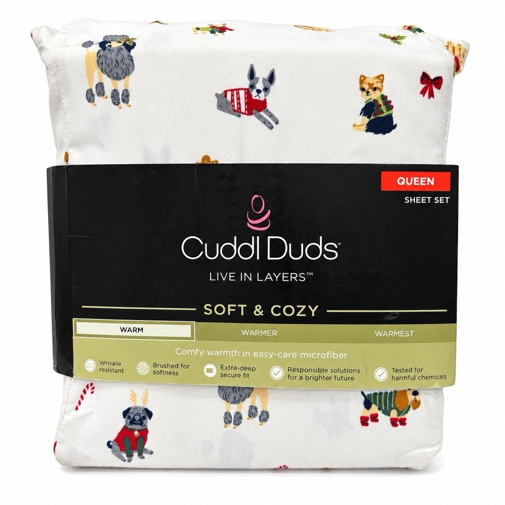 Cuddl Duds Soft Cozy Queen Sheet Set Christmas Dogs Microfiber 4pc Deep Pocket